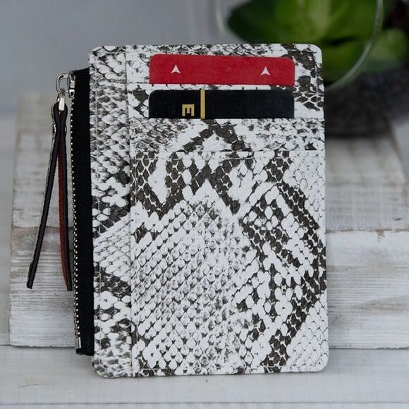 Molly Vegan Leather Snake Print Coin Zipper Tousled Pouch White Black - Picture 5 of 8